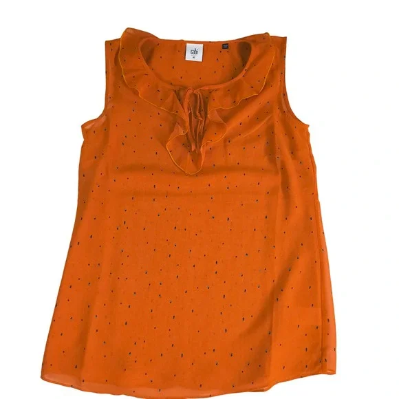 Cabi Orange Ruffle Neck Sleeveless Blouse Womens XS Polka Dot Tie Neck Top - Picture 1 of 9